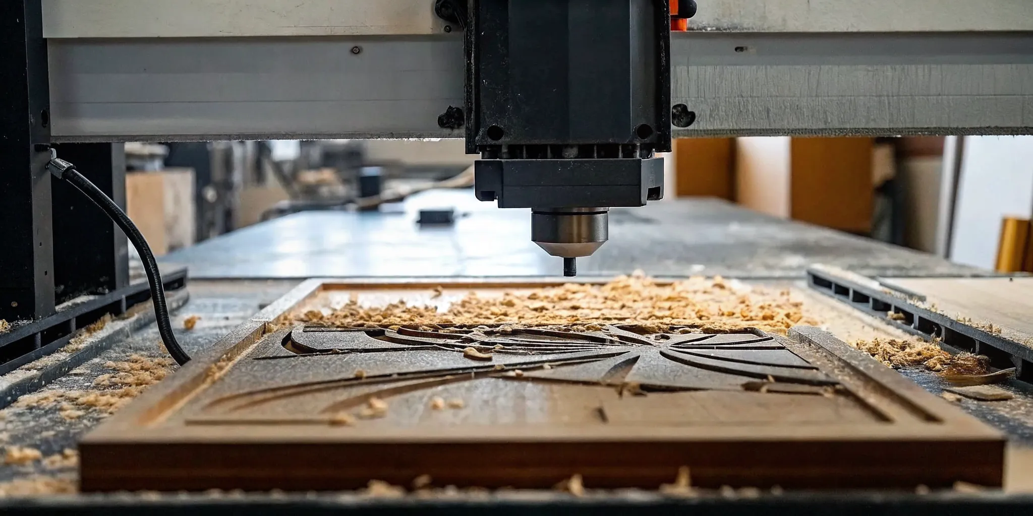 A high-density urethane HDU sign blank being detailed during the fabrication of custom carved business signs