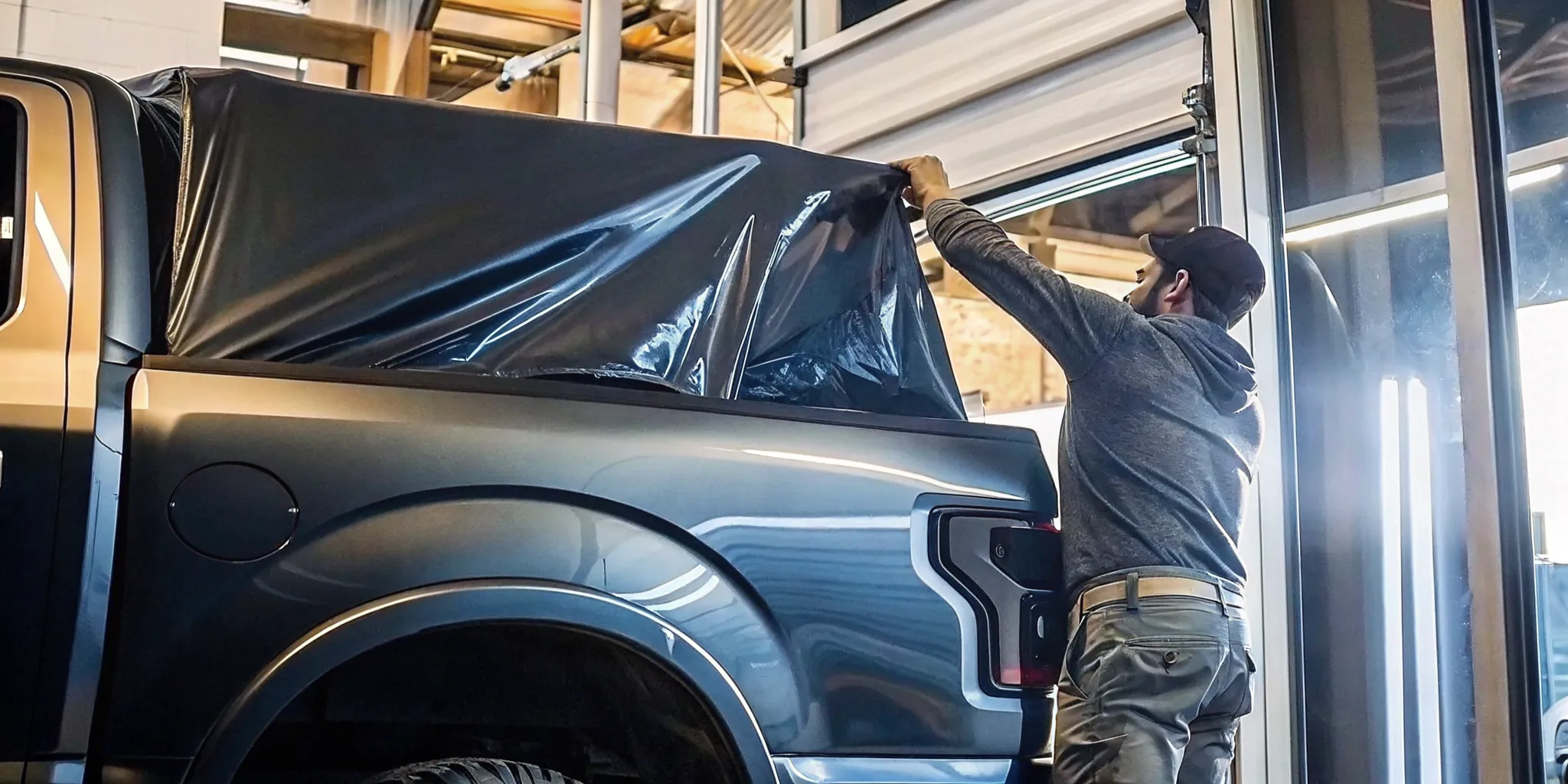 Professional technician installing a vinyl vehicle wrap on a commercial work truck in a sign shop
