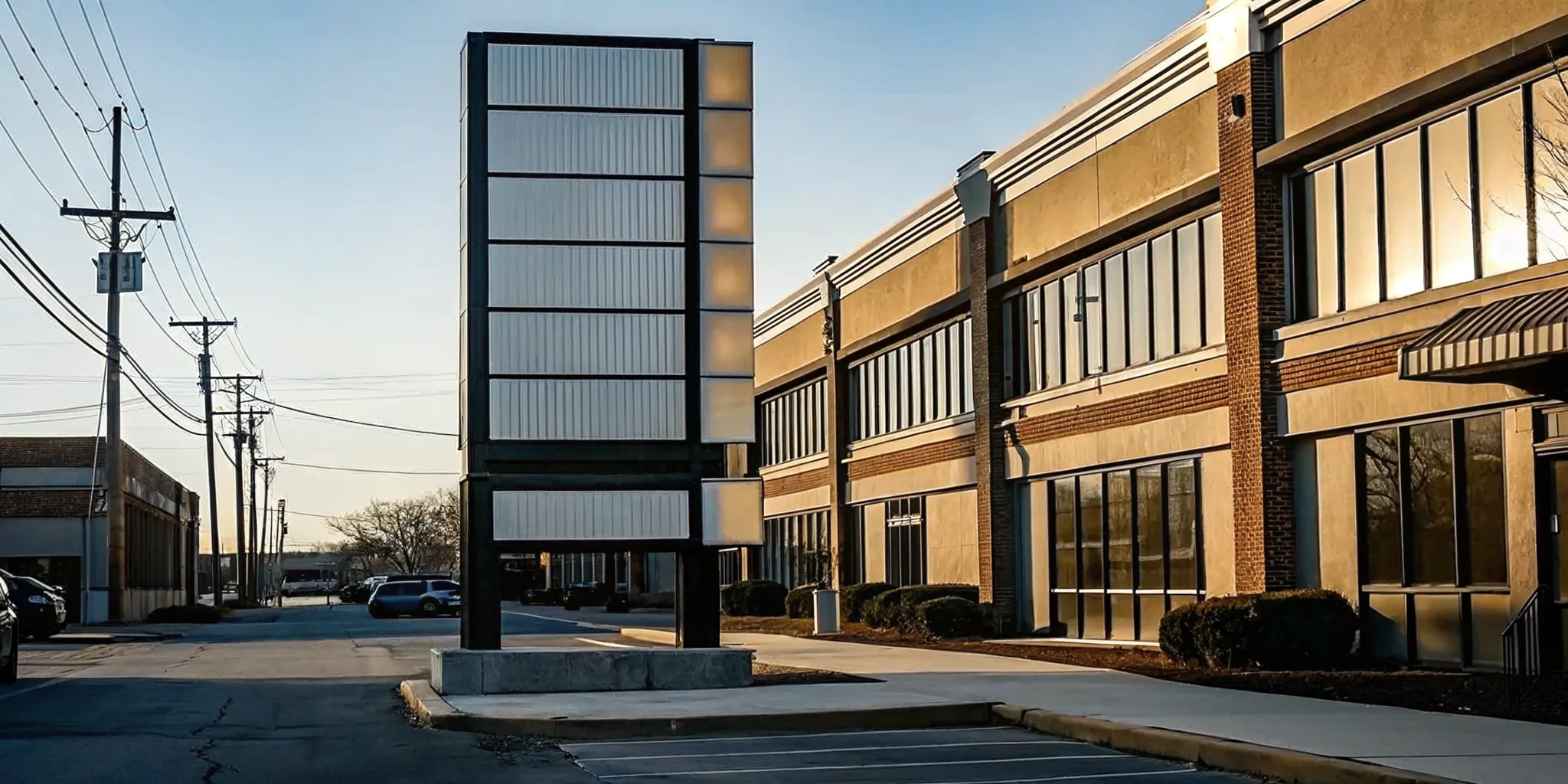 A tall pylon sign and low monument sign at the entrance of a Long Island business park with professional landscaping